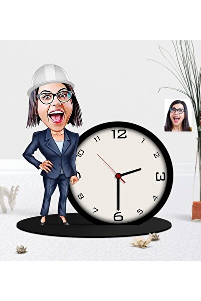 BK Kişiye Özel Bayan Mühendis Karikatürlü Ahşap Biblo Masa Saati