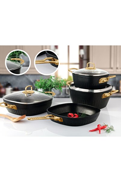 Lines Defne 7 Parça Altın Metal Kulplu Indüksiyon Taban Kare Granit Tencere Seti