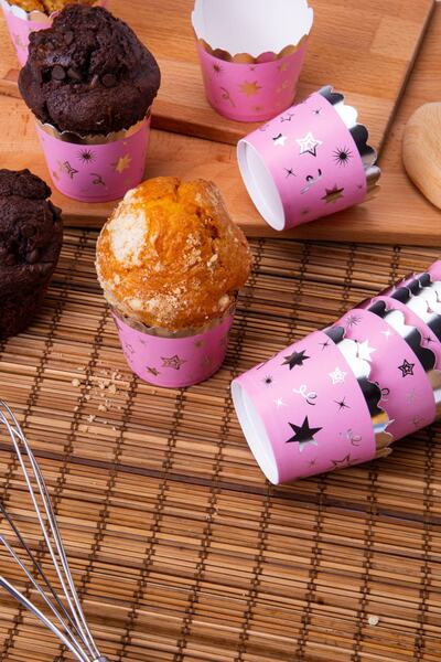 Huzur Party Store Silver Gilded Pink 12-Piece Cake Mold Star Confetti Detailed 6.5x5 cm Muffin That Does Not Disintegrate in the Oven
