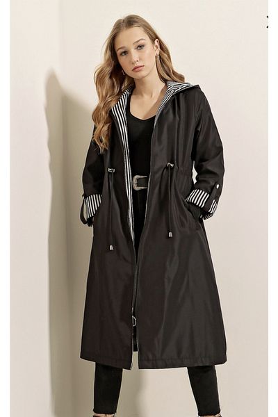 Bigdart Modell 9091 - Schwarzer Trenchcoat mit Kapuze und Kordelzug in der Taille