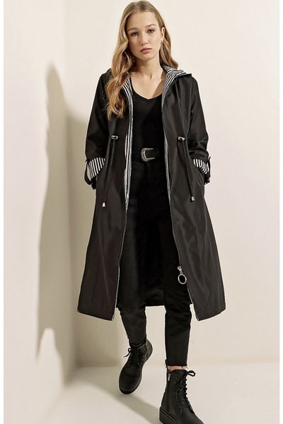 Bigdart Modell 9091 - Schwarzer Trenchcoat mit Kapuze und Kordelzug in der Taille