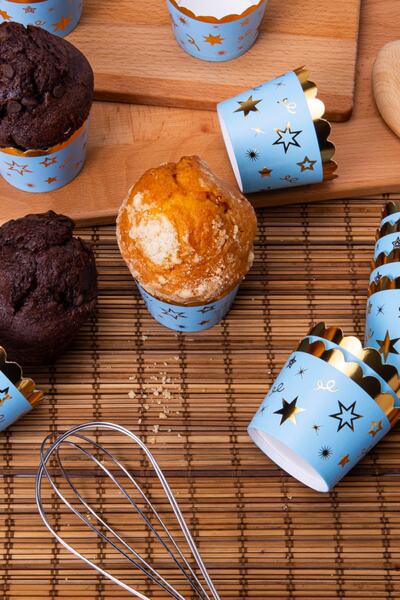 Huzur Party Store Gold Gilded Blue 12-Piece Cake Mold Star Confetti Detailed 6.5x5 Cm Muffin That Does Not Scatter in the Oven