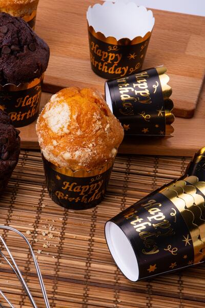 Huzur Party Store Gold Gilded Black 12-Piece Cake Mold Happy Birthday Written 6.5x5 Cm Muffin That Does Not Disintegrate in the Oven