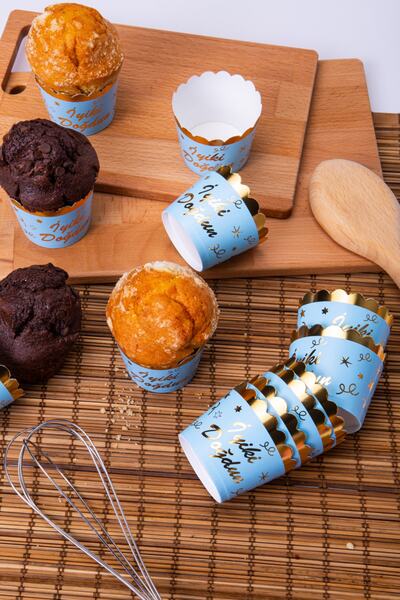 Huzur Party Store Gold Gilded Blue 12-Piece Cake Mold Happy Birthday Written 6.5x5 Cm Muffin Cupcake That Does Not Disintegrate in the Oven