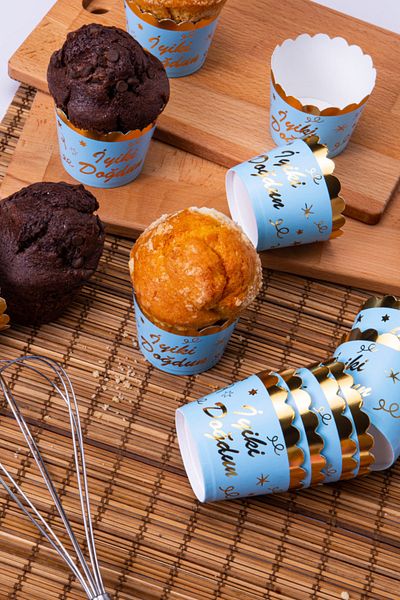 Huzur Party Store Gold Gilded Blue 12-Piece Cake Mold Happy Birthday Written 6.5x5 Cm Muffin Cupcake That Does Not Disintegrate in the Oven