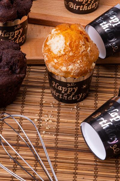 Huzur Party Store Silver Gilded Black 12-Piece Cake Mold Happy Birthday Written 6.5x5 Cm Muffin That Does Not Disintegrate in the Oven