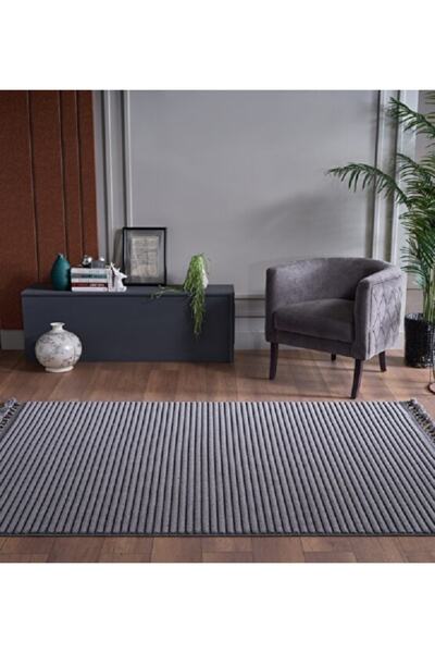 GÜMÜŞSUYU Deco Alvin 12612 Yeni Yüksek Kalite Modern Kabartmalı Örgü Saçaklı Antrasit Salon Halısı