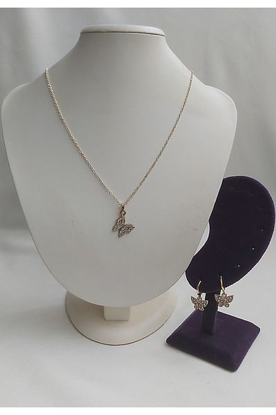 BİJUTERİ EVİ Butterfly Figure Zircon Stone Gold Color Necklace and Butterfly Earring Combination - Combination 22