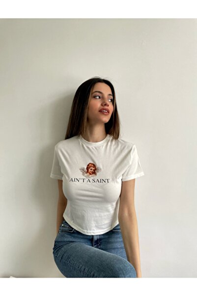 MY DEPO Tricou crop cu imprimeu înger de damă, alb