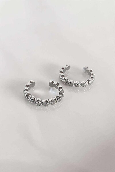 Retro Gümüş Renk Unisex Kıstırmalı Çelik Kıkırdak Küpe Çift