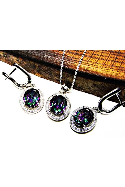 lilahgümüştr Gümüş Oval Mistik Topaz Taşlı Kadın Kolye Küpe
