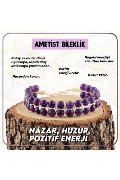 OSMANLI DEĞERLİ TAŞ Certified Amethyst Double Natural Stone Bracelet - 6 Mm Purple