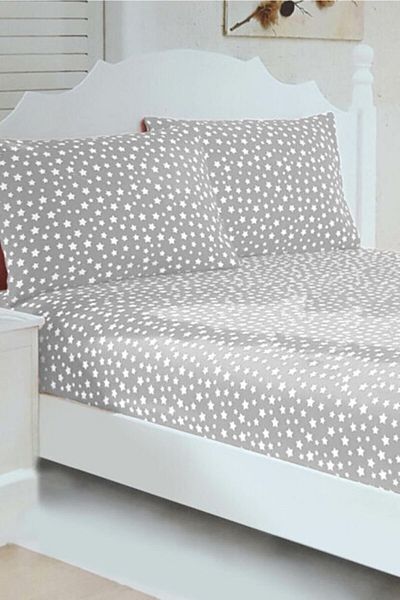mer-tim ezberbozan ev tekstili Mer-tim Cotton Ranforce Double Oversize 180x200 Elastic Sheet Set - Gray Star Pattern
