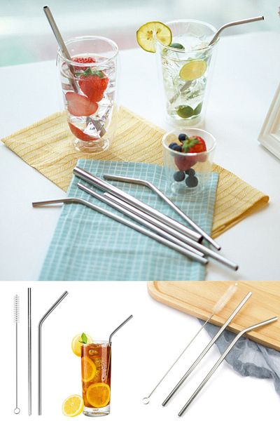 Kazanabil Set of 2 Stainless Metal Straws and Cleaning Brush