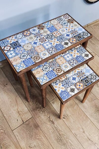 Resmo Esperanza Ceviz 3lü Zigon Sehpa Doğal Masif Seramik Yan Sehpa Salon Mobilya