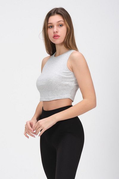 PUNKY CAT Γυναικείο μπλουζάκι με γκρι λαιμόκοψη Crop Top Αμάνικο καμιζόλ