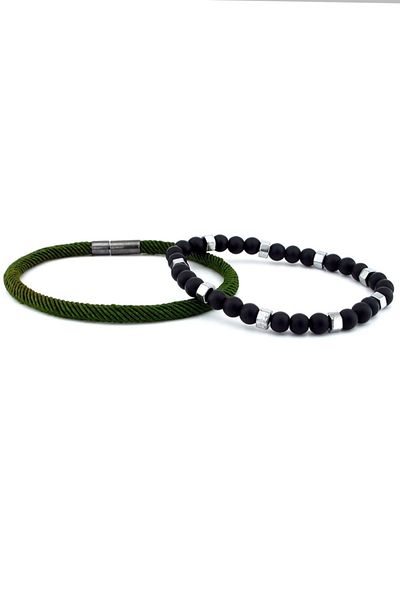 Solfera Black Matte Onyx and Green Knitted Rope Combination Men's Bracelet J0181