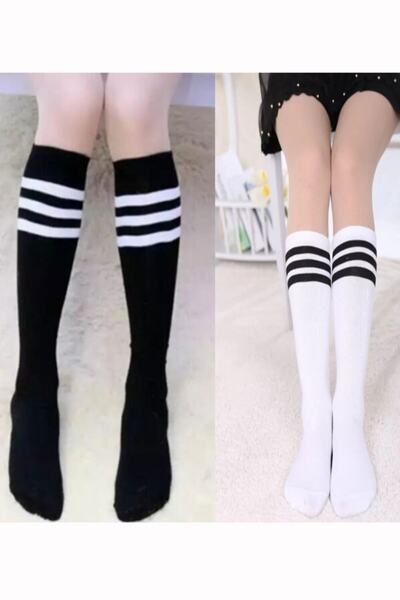 Hepsine Rakip Πακέτο 2 Γυναικείες ριγέ κάλτσες κολλεγίου μέχρι το γόνατο Βαμβ...