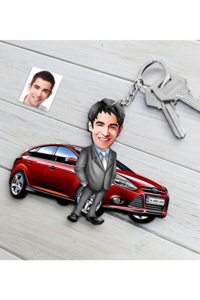 Bk Gift Kişiye Özel Bay Ford Focus Figürlü Plakalı Ahşap Karikatür Anahtarlık