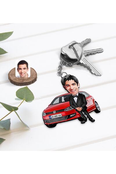 Bk Gift Kişiye Özel Erkek Vw Polo Figürlü Plakalı Ahşap Karikatür Anahtarlık-2