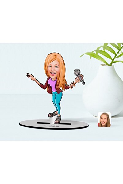 Bk Gift Kişiye Özel Şarkı Söyleyen Kız Karikatürlü Ahşap Biblo Model-1