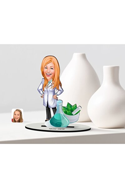 Bk Gift Kişiye Özel Kadın Eczacı Karikatürlü Ahşap Biblo Model-1