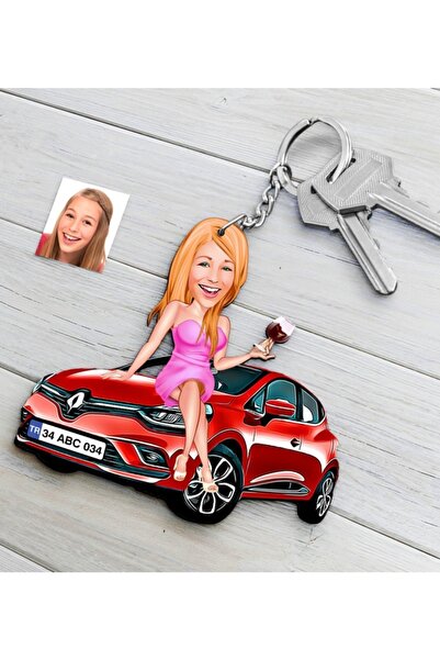 Bk Gift Kişiye Özel Bayan Renault Clio Figürlü Plakalı Ahşap Karikatür Anahta...