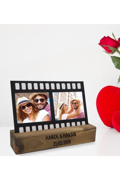 Bk Gift Sevgililere Özel 2 Fotoğraflı Film Şeridi Mesajlı Dekoratif Ahşap Stand