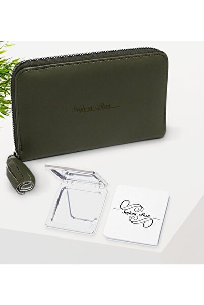 Bk Gift Kişiye Özel Isimli Haki Deri Kadın Cüzdanı Ve Cep Aynası Hediye Seti-1