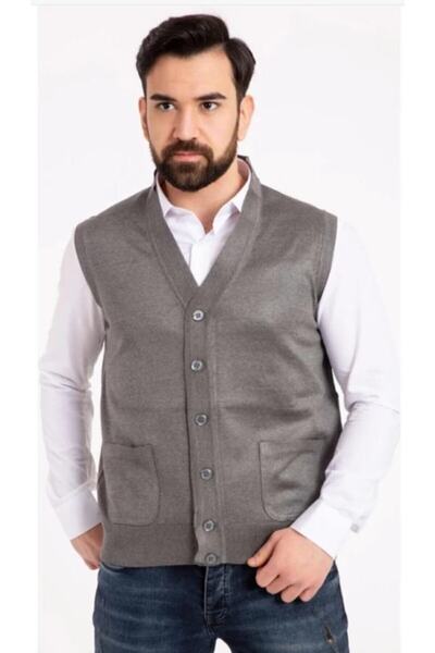 Genel Markalar Erkek Ince Yün Düğmeli Cepli Baba Yelek