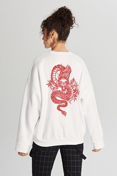 Pasage Trend Nice Oversize Μπροστινό Dragon εμπριμέ λευκό φούτερ