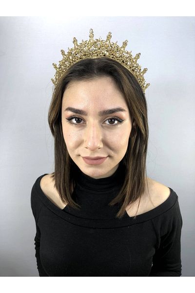 Hobigram Leganis Henna și Coroana Miresei de culoare aurie – Coroană, Piatră de cristal, Model elegant, Coroană de mireasă, Accesoriu de păr –