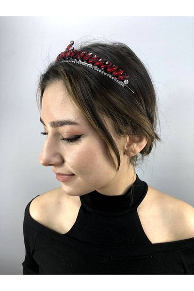Hobigram Coroana Henna Model Isabella cu piatră roșie argintie – Coroană, piatră de cristal, model elegant, coroană de mireasă – coroană