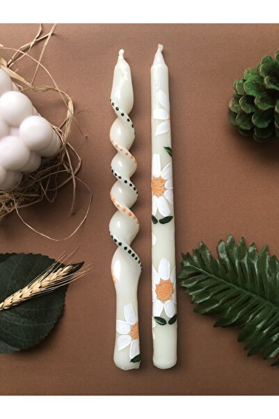 Elif Design 2 Li Papatya Desenli El Çizimi Kokulu Konik Ve Burgu Mum Şamdan M...