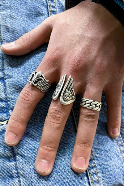 The Collection 3 Lü Floransa Kanat Zincir Gümüş Kaplama Ayarlanabilir Yüzük Set