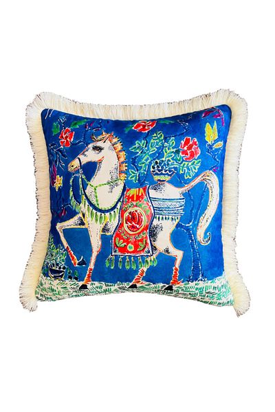 ge living Decorative Horse Patterned Throw Pillow Special Design Blue Velvet Pillow Case