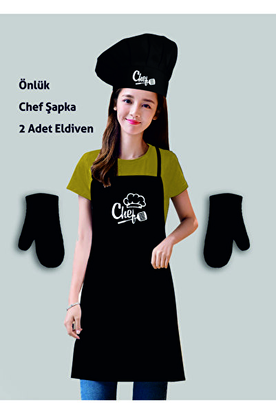 enmalife طقم مريلة مطبخ باللون الأسود - قبعة الشيف وقفازين