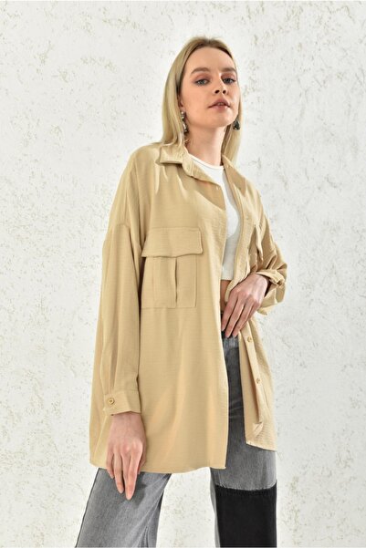 ZARİFSTORE Bej Çift Cep Uzun Aerobin Gömlek