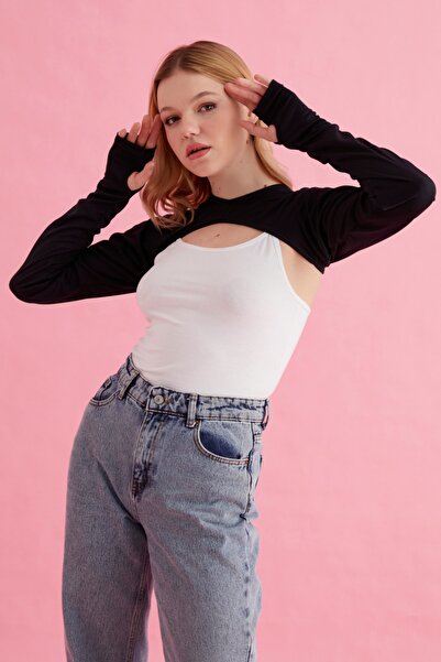 mirach Комплект от 2 бр. с ръкави и деколте с пръсти - черно-бял къс боди с дълъг ръкав и хиджаб