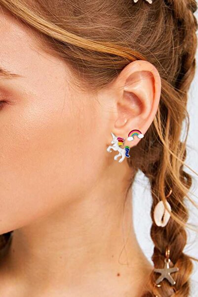 BearPear Unicorn Ve Gökkuşağı Figürlü Renkli Genç Ve Çocuk Küpesi