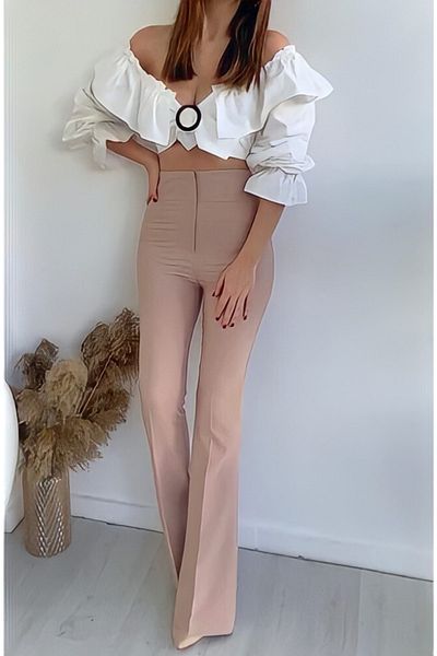 Elf Trend Mink Color Slim Fit Ornamental Pocket Extra High Waist Spaghetti Pants