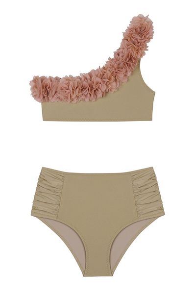 AQUELLA Set de bikini din șifon, bej, cu un umăr pentru copii, cu detaliu de flori