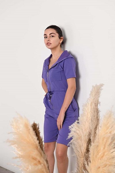 Koza Butik Women's Purple Short Sleeve Shorts and Rope Belt Jumpsuit