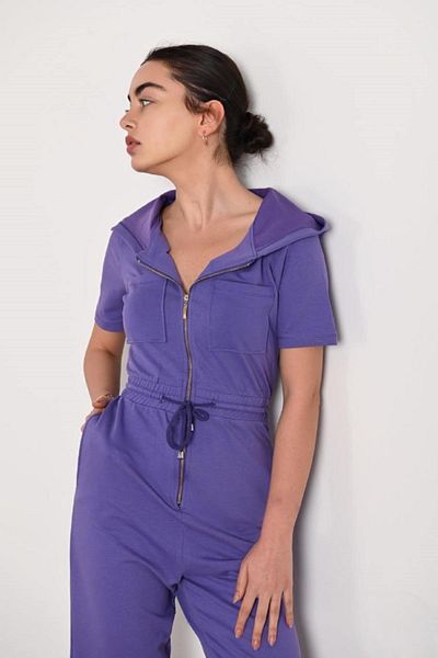 Koza Butik Women's Purple Short Sleeve Shorts and Rope Belt Jumpsuit