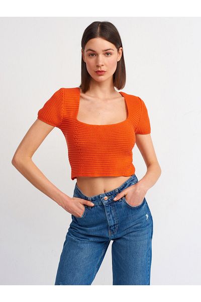 Dilvin 10164 Pulover cu mânecă scurtă cu șireturi cu guler pătrat-portocaliu