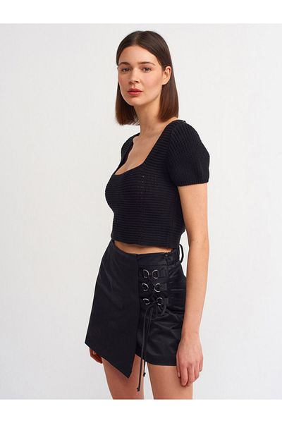 Dilvin 10164 Pulover cu mânecă scurtă cu șireturi cu guler pătrat-negru