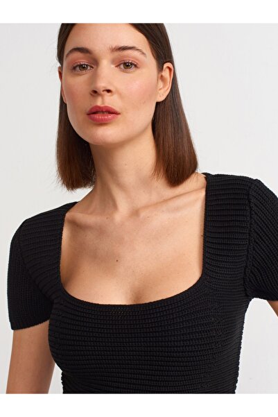 Dilvin 10164 Square Collar Lace-Up Short Sleeve Sweater-black