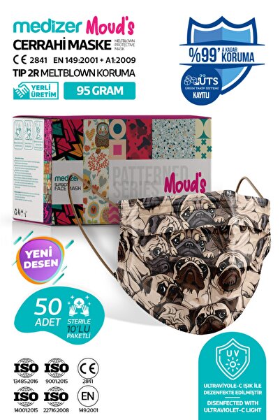 Medizer Pug Desenli Cerrahi Maske Meltblown Kumaş - 50 Adet