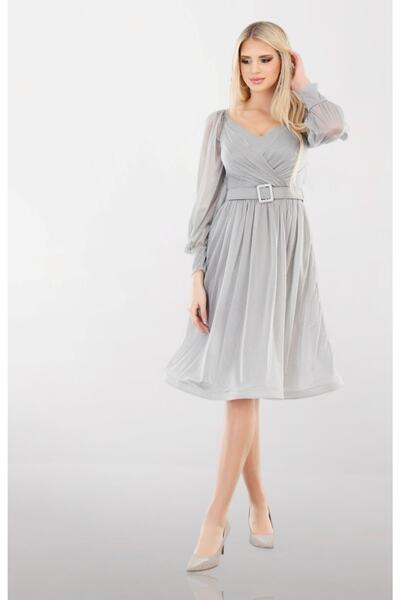 Arin 38943 Uzun Kol Kemerli Tül Elbise Gri