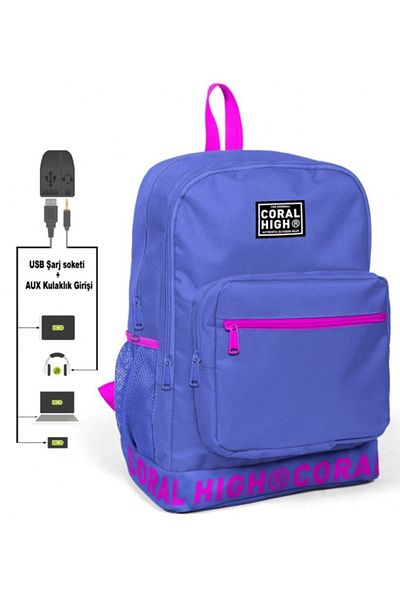 Coral High Rucsac mov pentru liceu, liceu și zilnic cu logo brodat (cu priză USB și Aux)